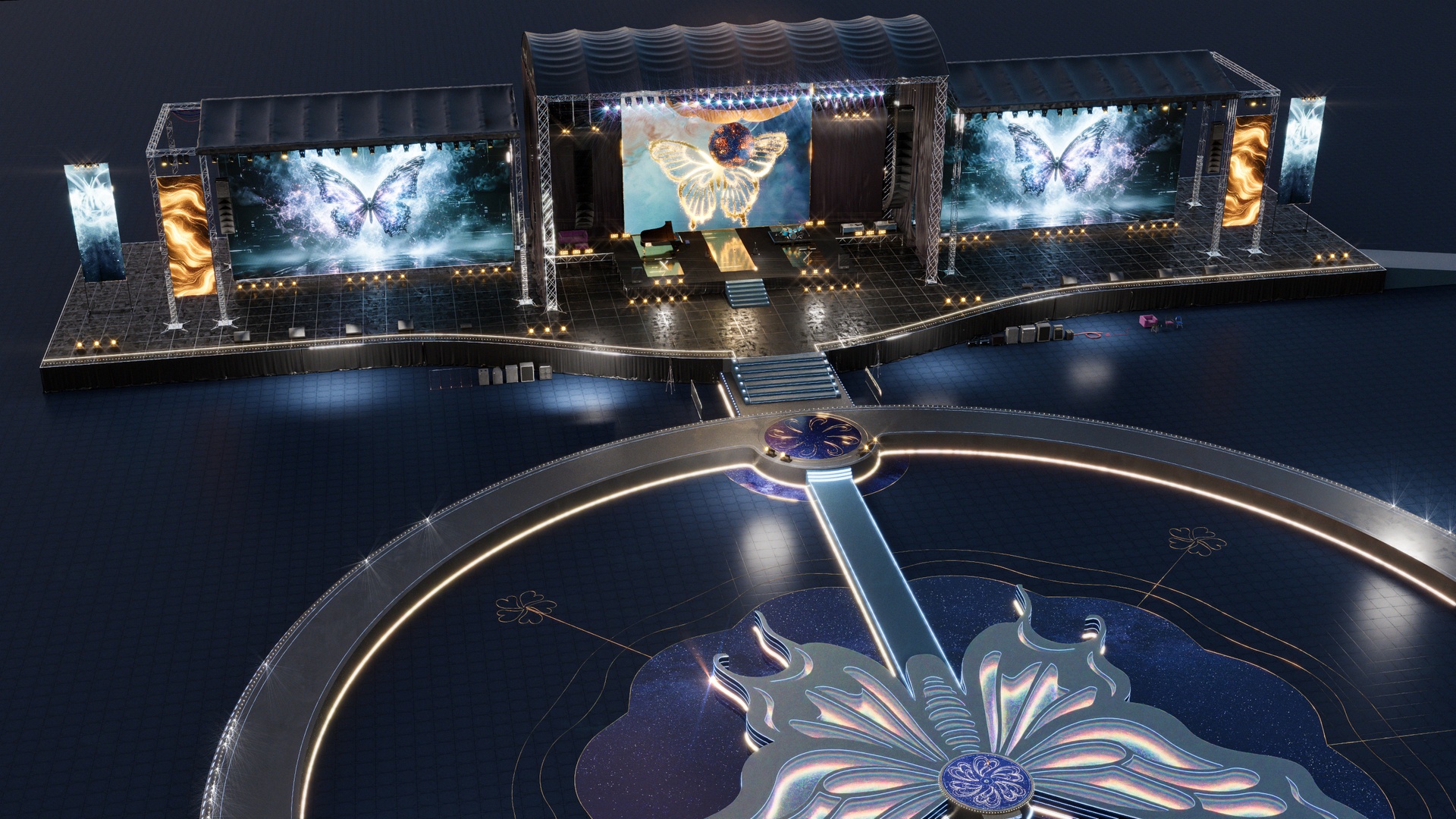 Media 1 for listing Big Butterfly Concert Arena Stage Venue 3D Model with LED Screens, Piano, Truss