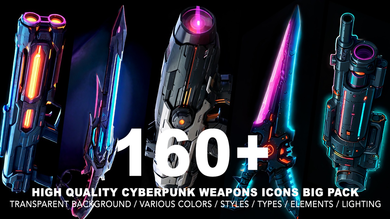 160+ CYBERPUNK WEAPONS ICONS 제품 등록을 위한 미디어 1개