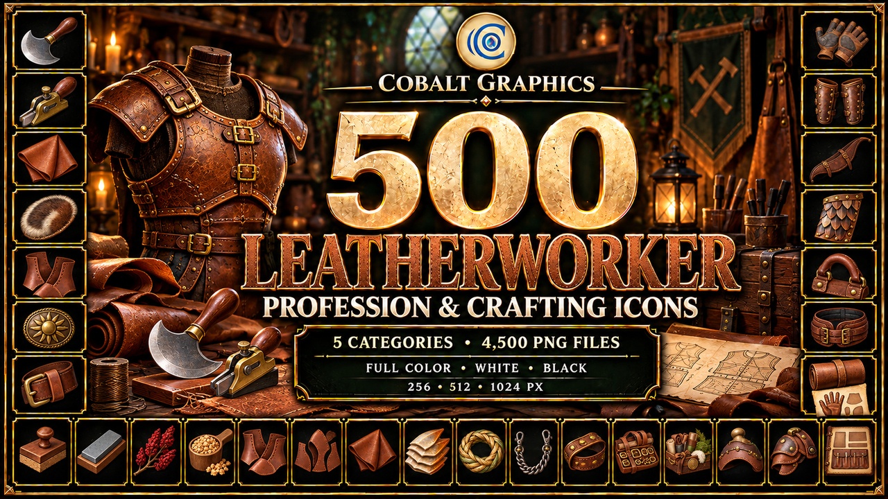 Media 1 for listing 500 Leatherworker Profession & Crafting Icons | RPG Leather, Tools & Equipment