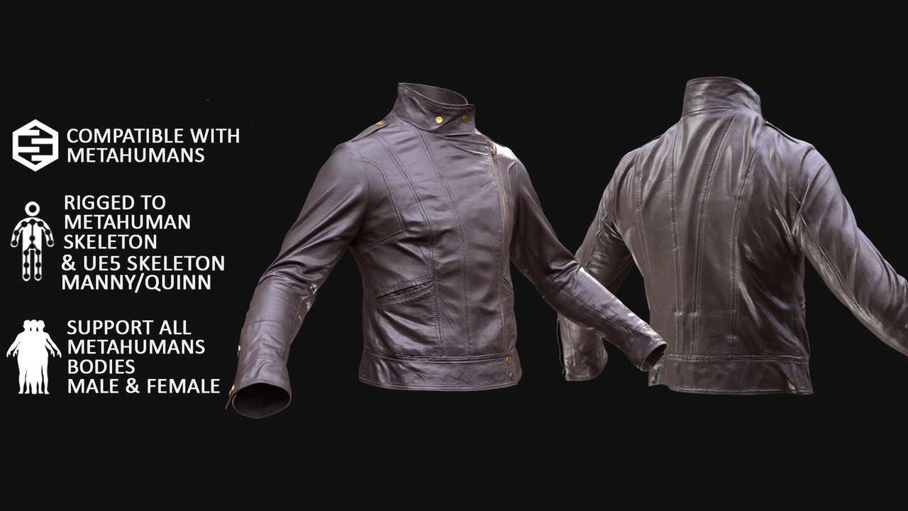 Media 1 for listing Leather Jacket for Metahuman 3D model 60 - MH & UE5 Skeletons - Rigged