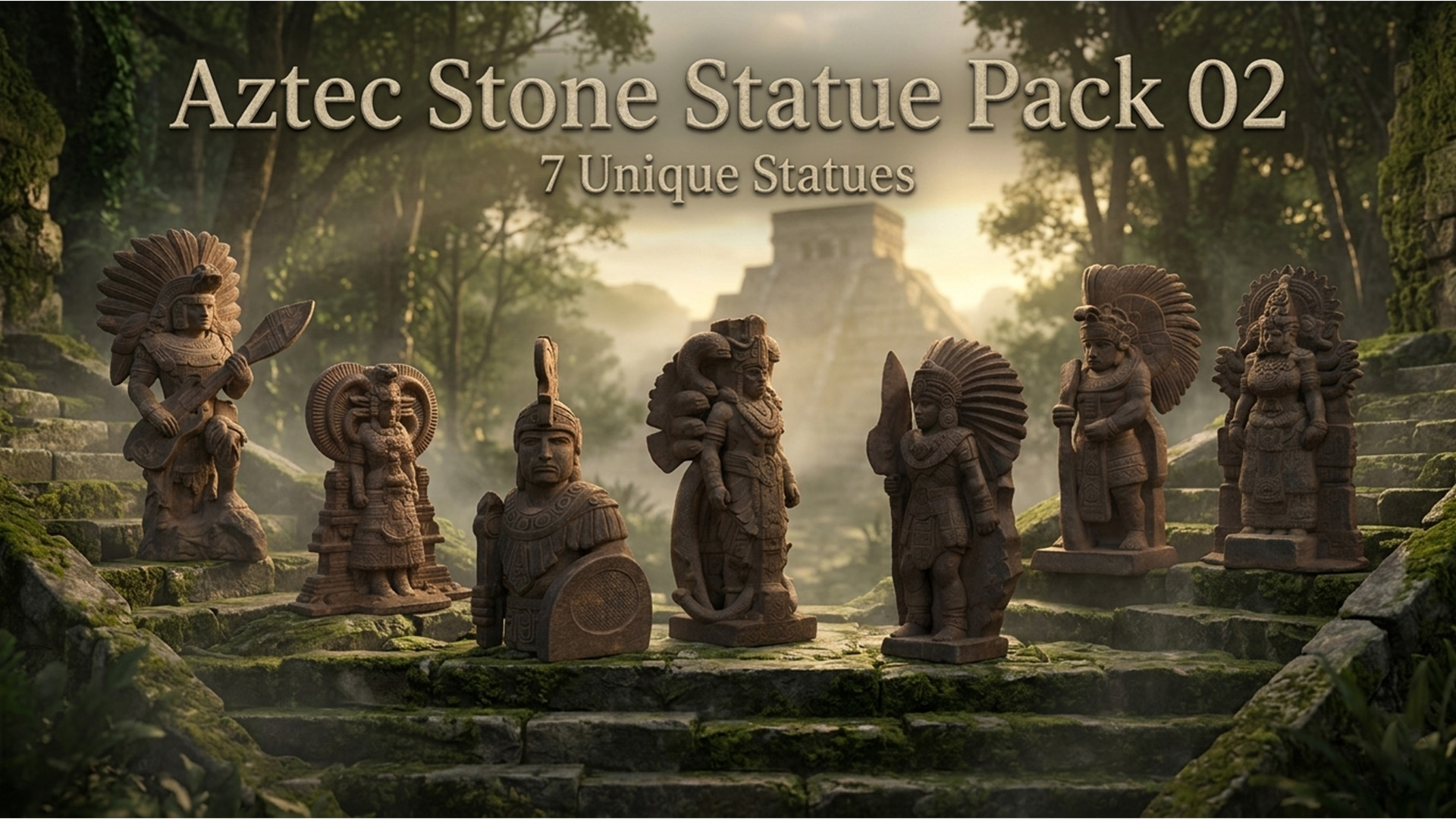 Aztec Stone Statues Pack 02 β Stylized Warrior Sculptures (7 Props) | Fab
