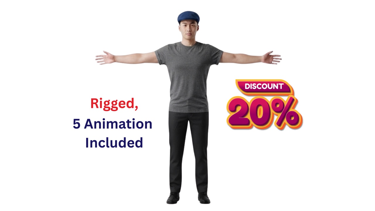 Media 1 for listing Rigged Asian Male Character with Flat Cap & 5 Animations - Game Ready PBR