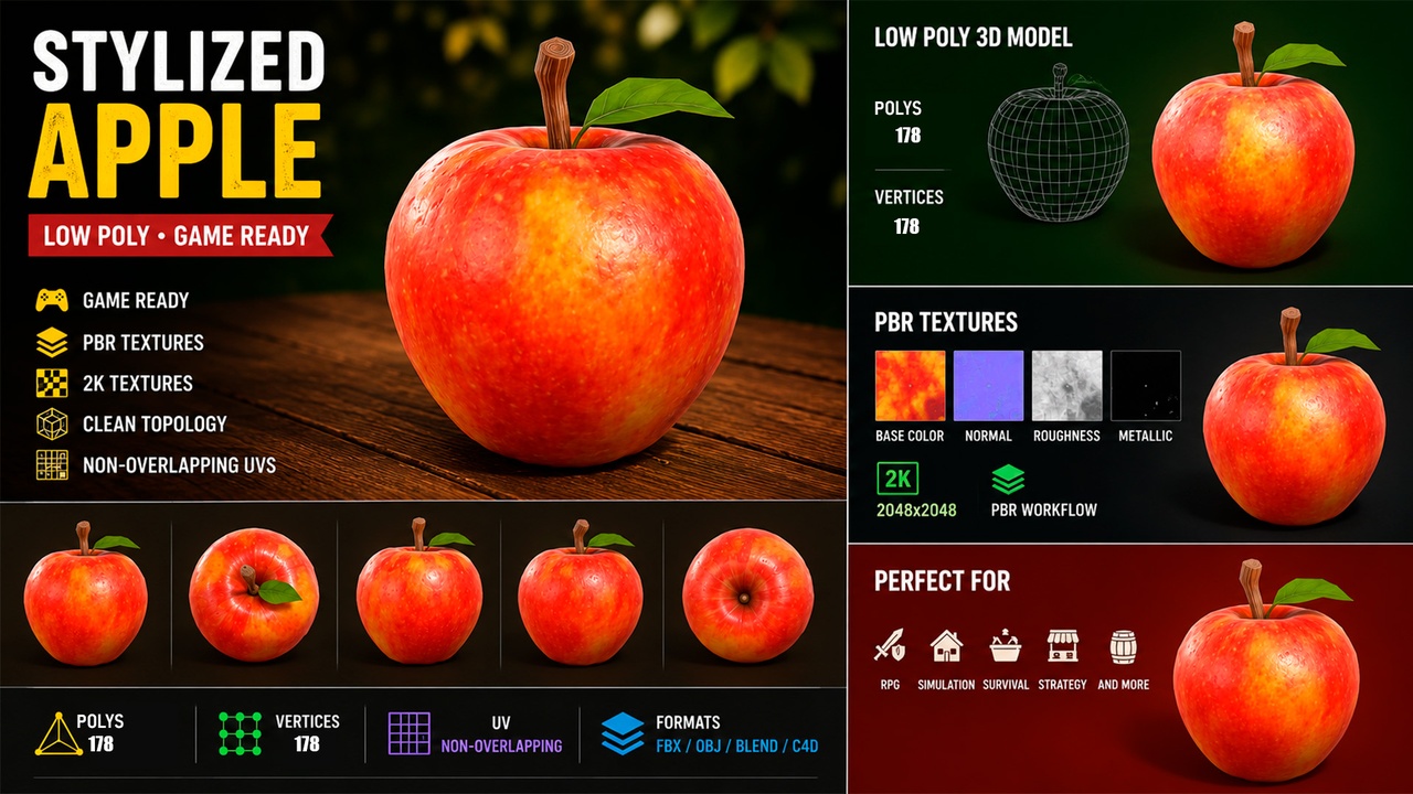 Media 1 for listing Stylized Apple – Low Poly Game Ready 3D Model