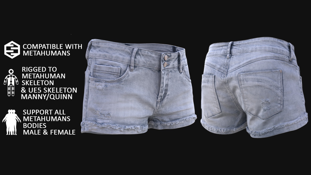 Media 1 for listing 3D Denim Shorts Model For Metahuman 90 - All MH Bodies & UE5 Skeletons - Rigged