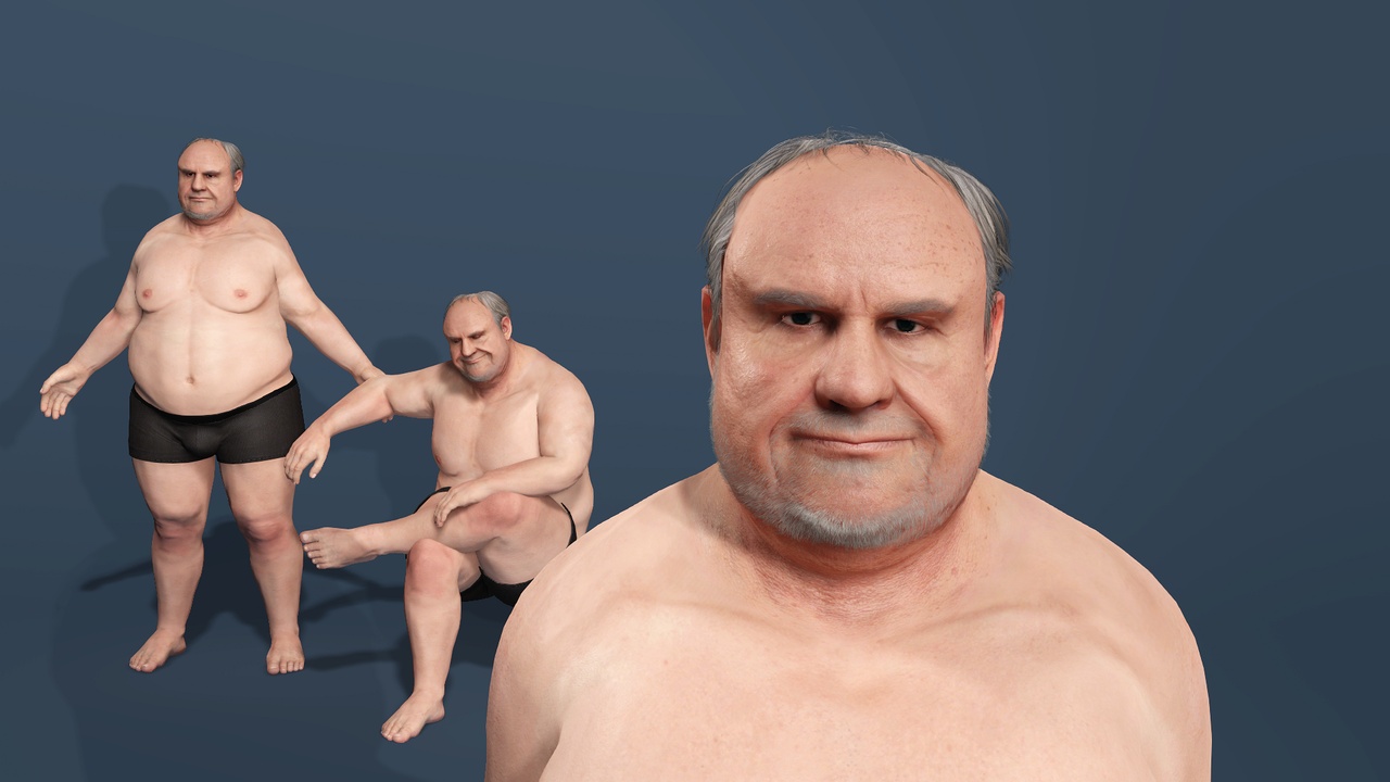Media 1 for listing Fat Old Man 3D Model Body Rigged Expressions 写实风肥胖老年男性 3D 角色模型全身骨骼绑定 表情混合变形