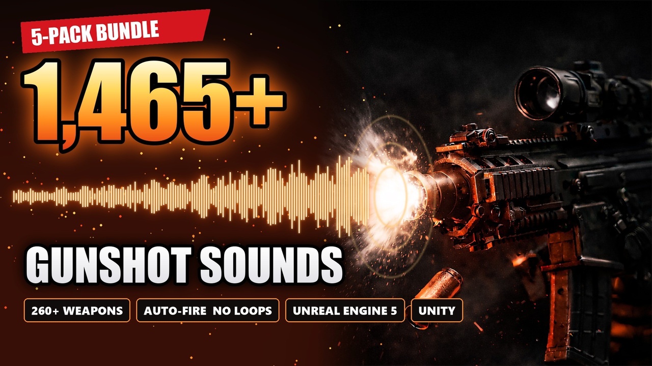 Media 1 for listing AAA Gunshot SFX Bundle – 1,465+ Weapon Sounds, Auto-Fire System for UE5 & Unity