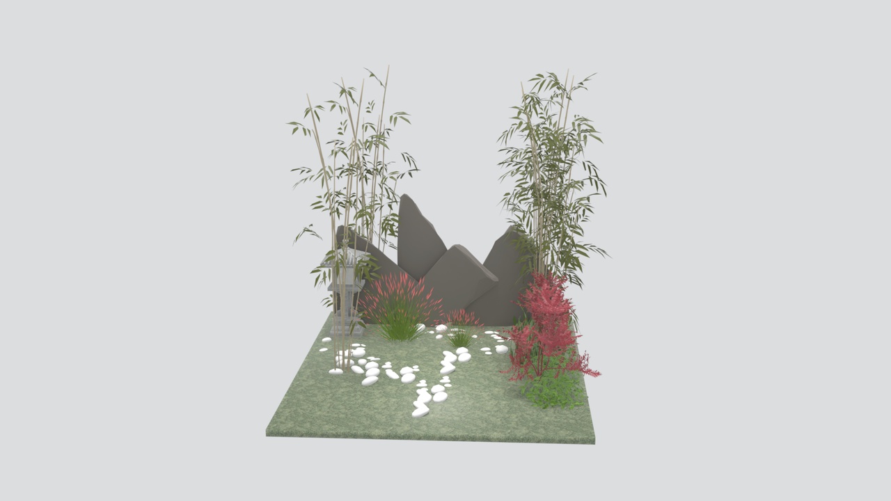 Media 1 for listing Japanese Zen Garden with Bamboo Stone Lantern and Red Maple 3D Model
