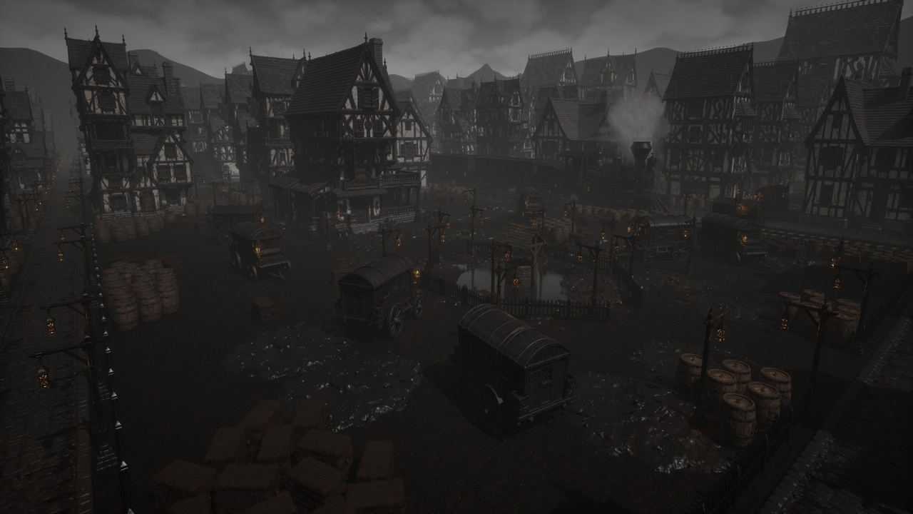 Media 1 for listing Shadowed Streets Foggy Dark Medieval Town Steam Train Village