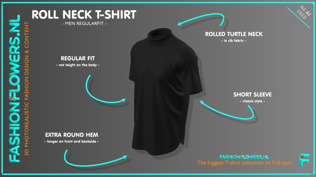 Media 1 for listing Black Colour Roll Neck With Extra Rounded Underside T-shirt | Turtle Neck Tshirt