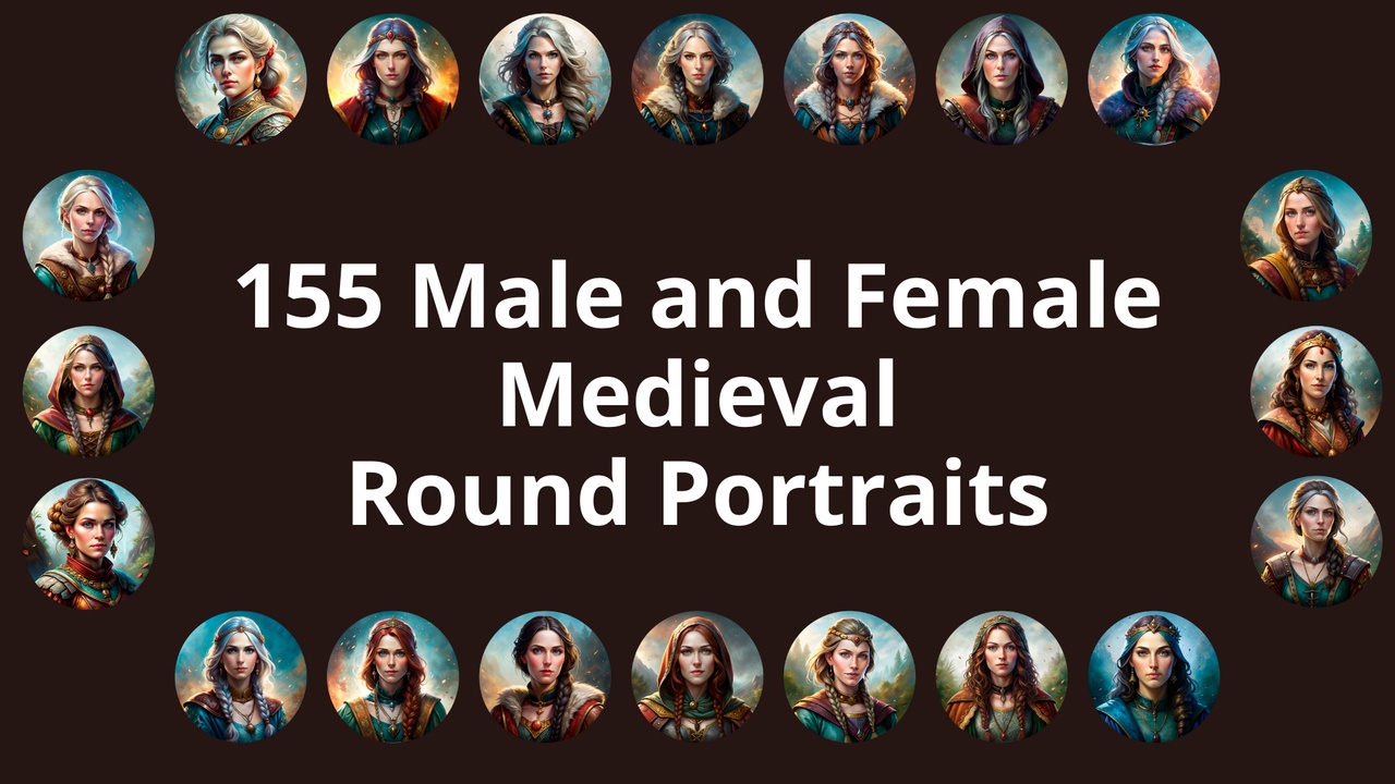 Media 1 for listing 155 Male and Female Medieval Round Portraits - 2D Set for RPG and Fantasy Games