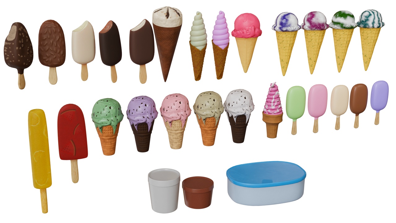 Media 1 for listing Ice Cream Bundle – 42 Low Poly PBR 3D Models | Cones, Pops, Scoops, Bars & Cups