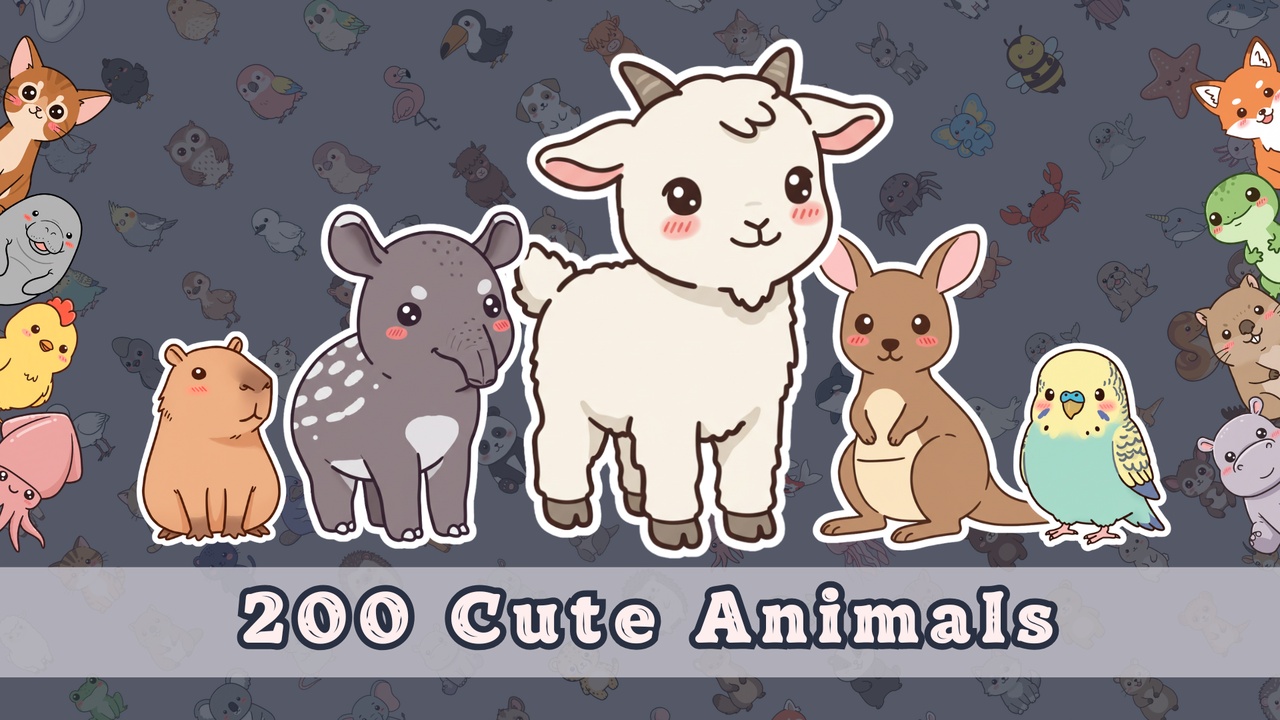 Media 1 for listing 200 Cute Kawaii Animals - 2D Asset Pack for Casual & Kids Games