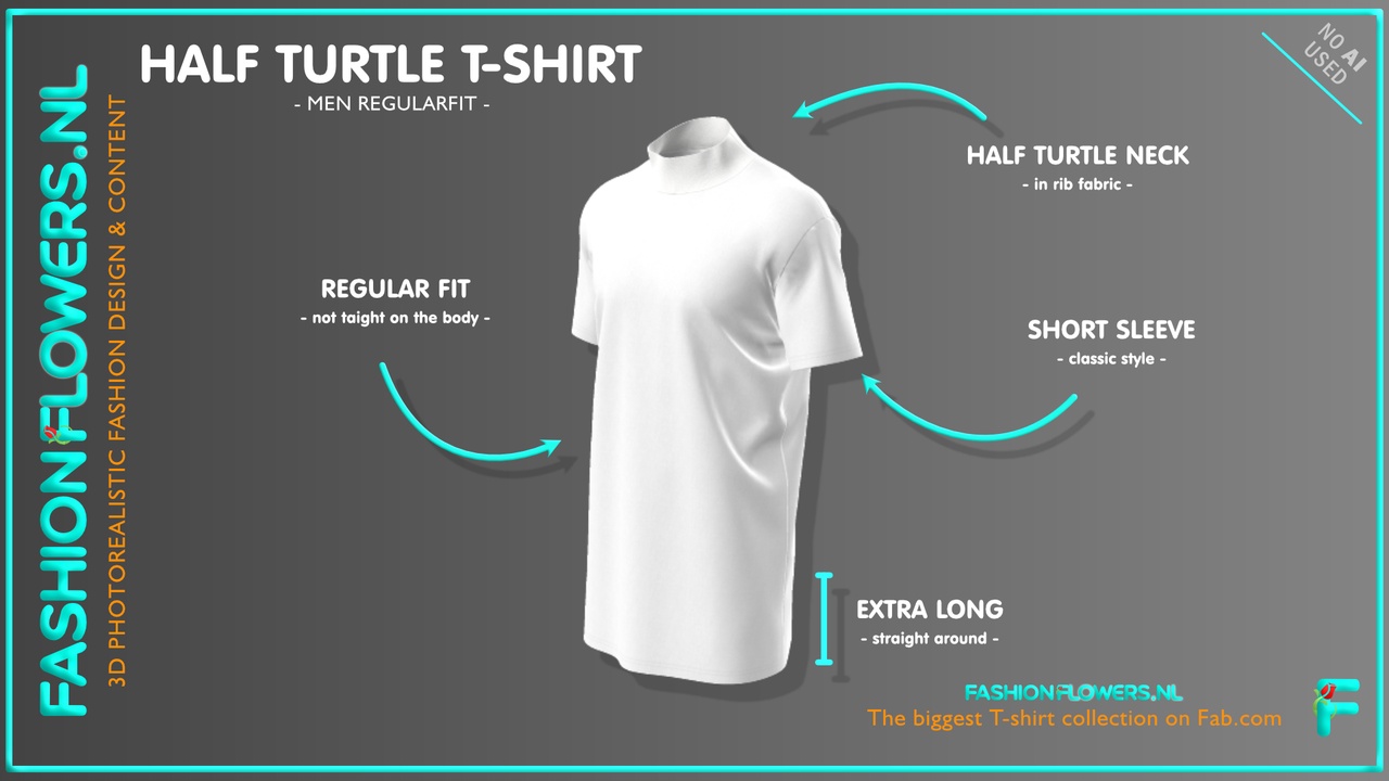 Media 1 for listing White Colour Extra Long T-shirt | Half Turtle Neck | Short Sleeve | Straight Hem