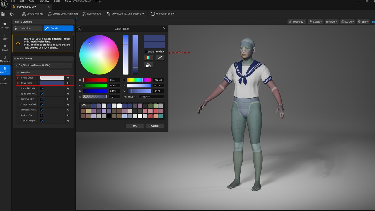Media 1 for listing Girls' School Blouse - Metahuman Uniform Top - Parametric Clothes Shirt
