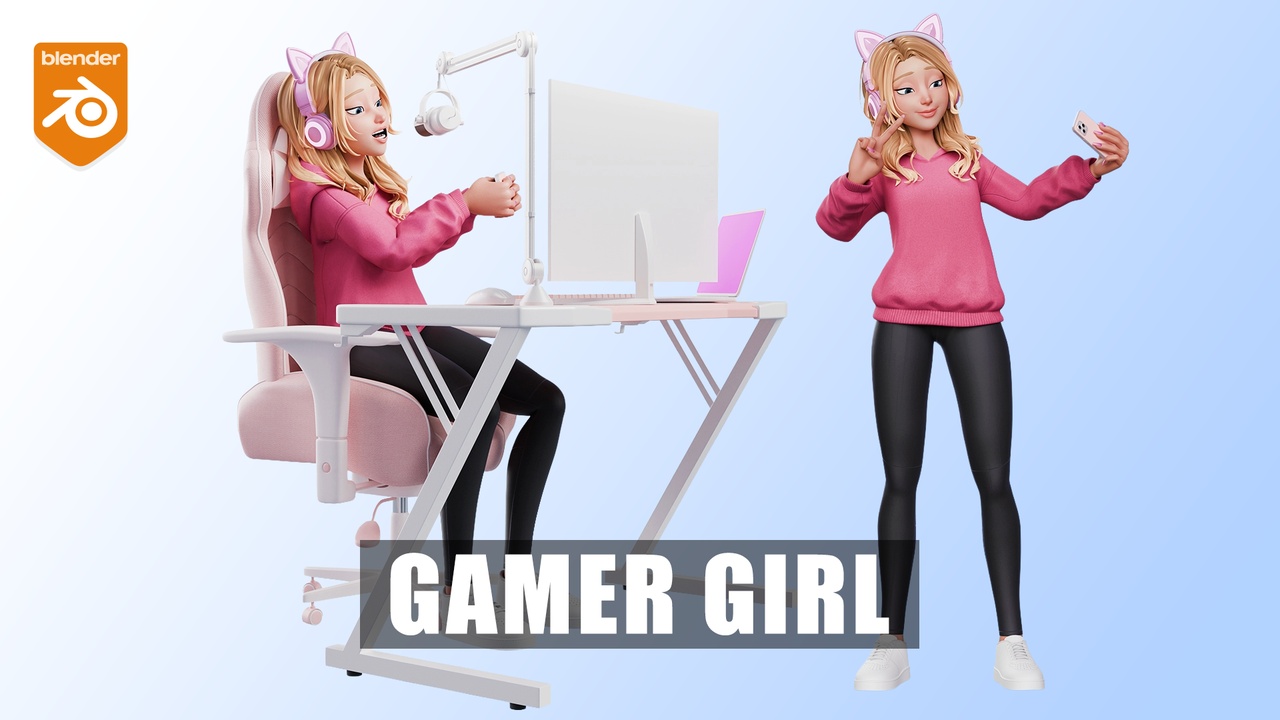 Media 1 for listing Gamer Girl White Woman β Rigged 3D Character for Blender