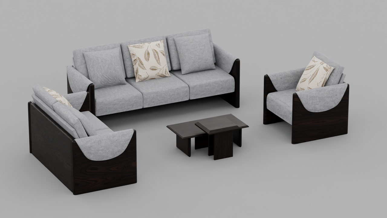 Media 1 for listing Contemporary Dark Wood Framed Sofa Set with Tiered Wooden Coffee Table