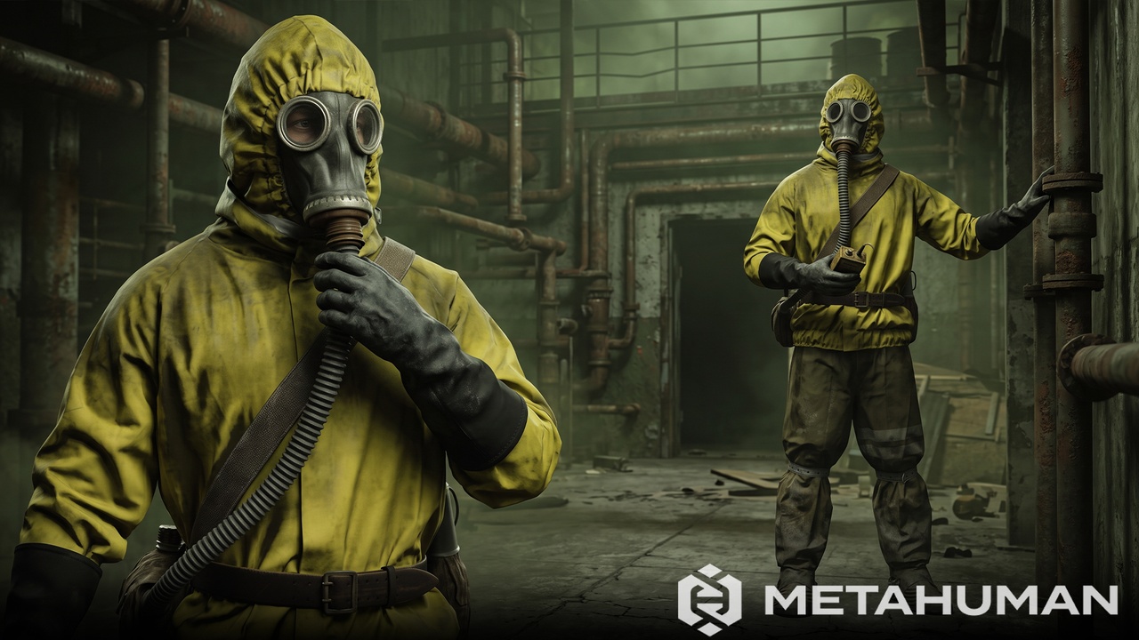 Media 1 for listing Yellow Industrial Hazmat Suit with Hood, Gas Mask and Protective Utility Gear