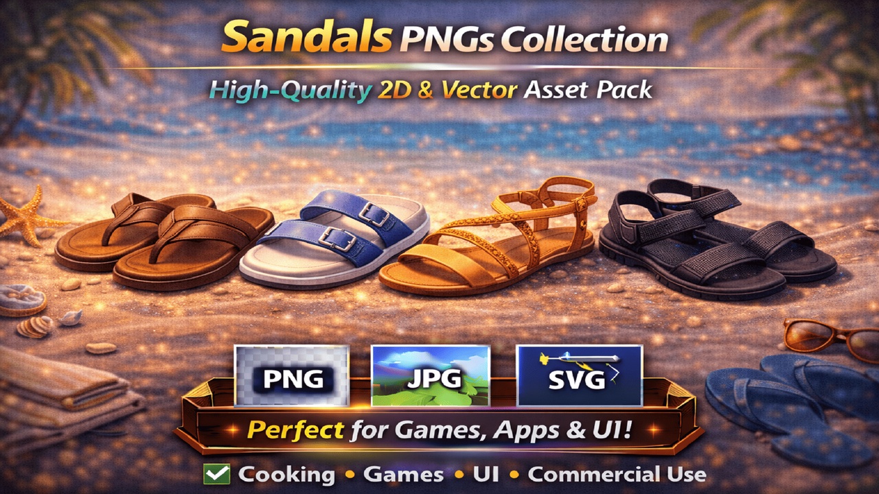 Media 1 for listing 🩴 Sandals PNGs Collection – High-Quality 2D & Vector Asset Pack