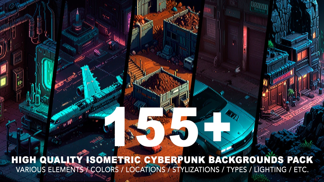 Media 1 for listing 155+ CYBERPUNK ISOMETRIC BACKGROUNDS