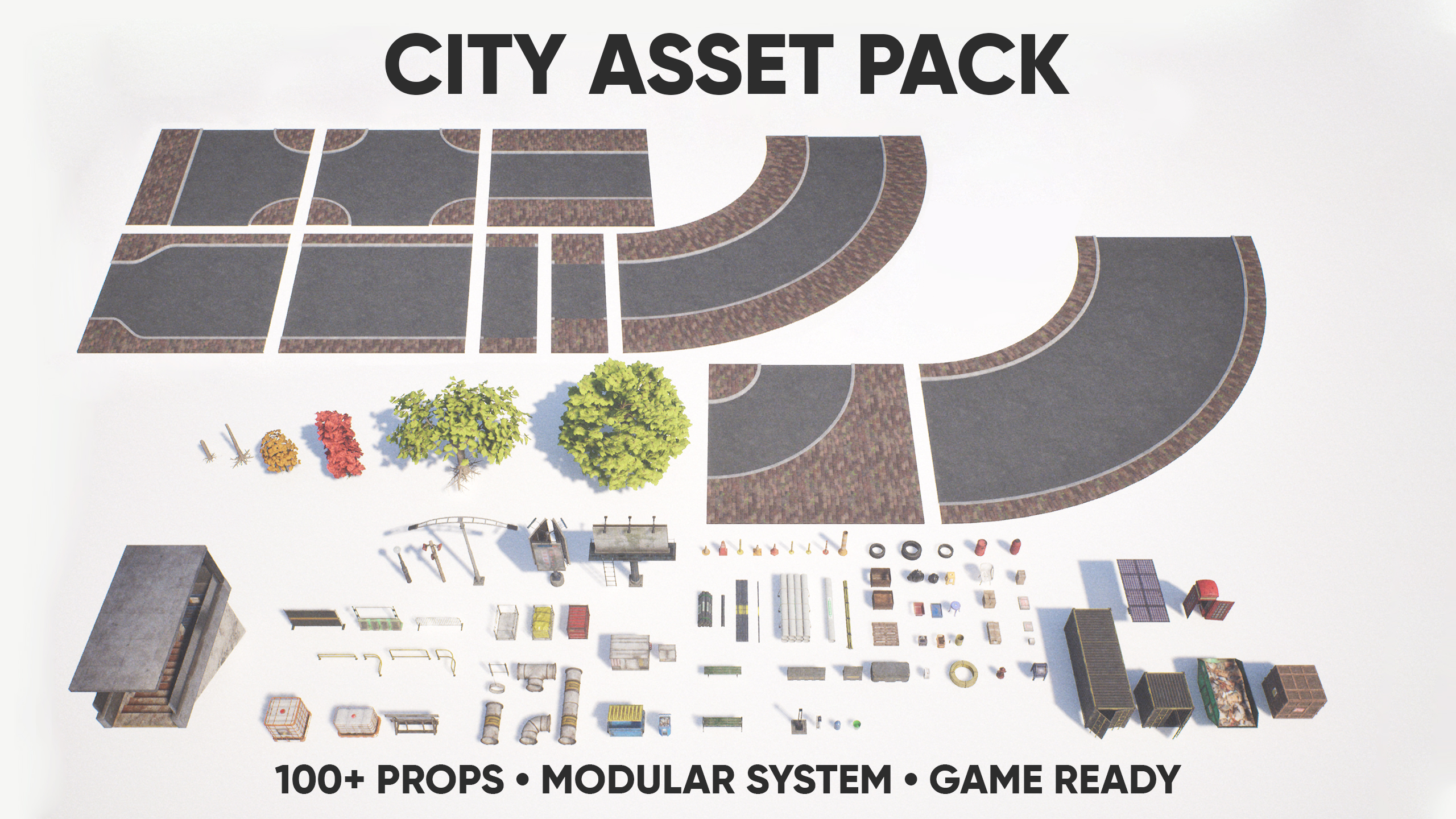 City Asset Pack – 100+ Urban Props, Modular Systems & Foliage | Fab