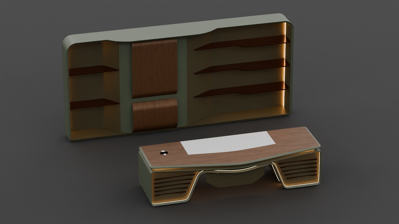 Media 1 for listing Futuristic Office Desk/Table Suite with Illuminated Wall Cabinet, Green, Wood