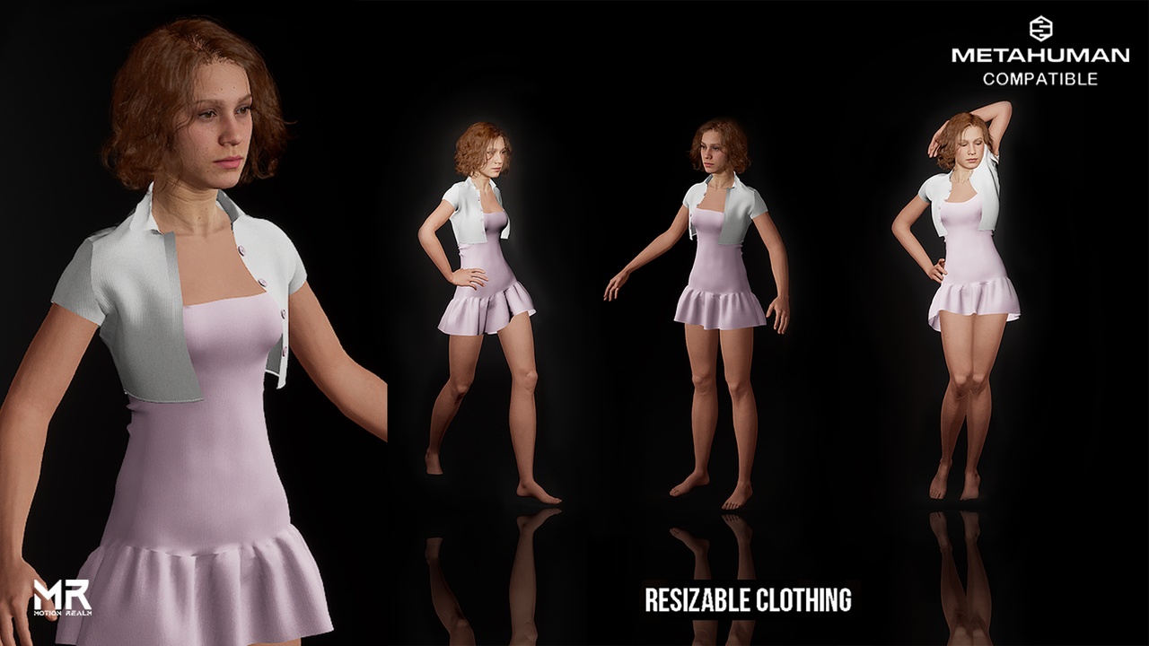 Media 1 for listing Parametric MetaHuman Outfit- Casual Teen Pink Vintage Dress & Cardigan