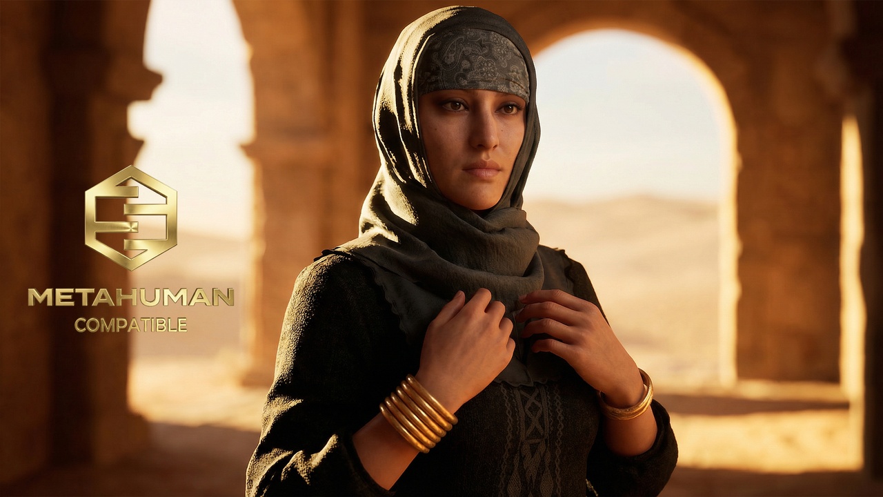 Media 1 for listing Arabic Heritage Dress with Layered Headscarf and Embroidered Traditional Styling