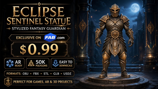 Eclipse Sentinel Statue | Stylized Fantasy Armored Warrior | AR Ready — Cobalt Game Assets