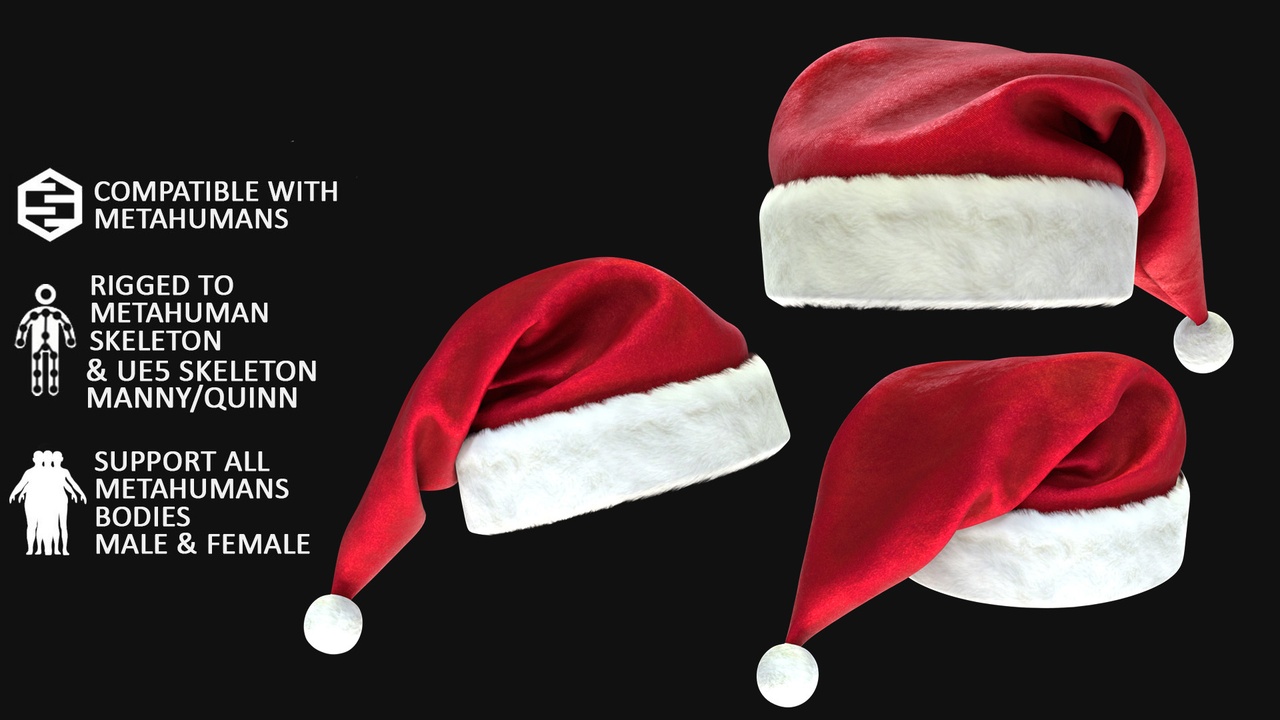 Media 1 for listing 3D Santa Claus Hat Model - Parametric + Fixed MH Bodies + UE5 Skeletons - Rigged
