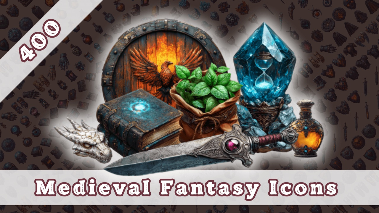 Media 1 for listing Medieval Fantasy Icons Pack — 400 Unique 2D Icons for RPG and Strategy Games