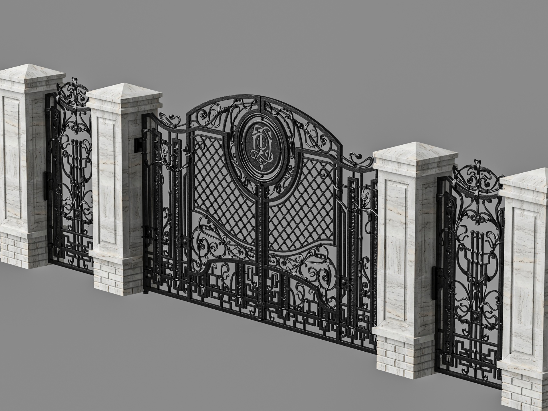Media 1 for listing Ornate Wrought Iron Gate With Stone Pillars, Fence 3D Model