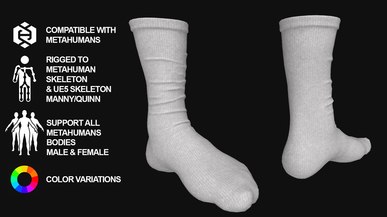 Media 1 for listing 3D Socks Model For Metahuman 1 - All MH Bodies & UE5 Skeletons - Rigged