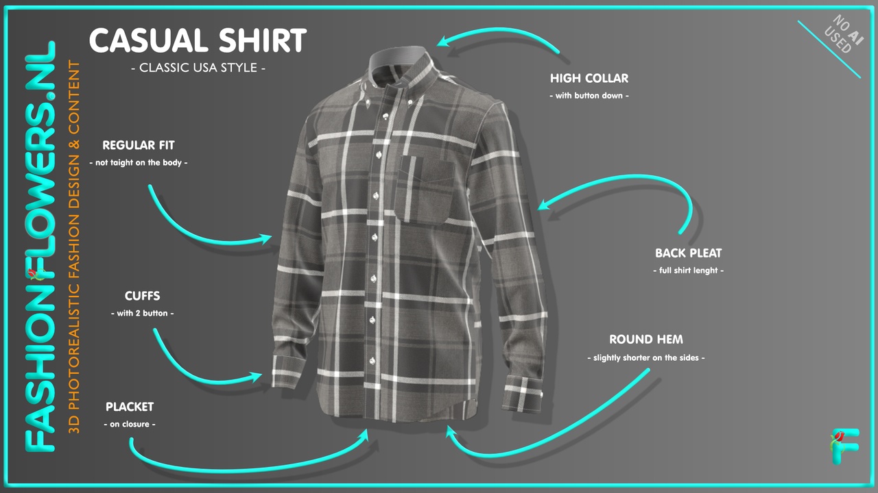 Media 1 for listing Big Gray Check Casual Shirt | Long Sleeve | Cuffs | Placket | Button Down Collar