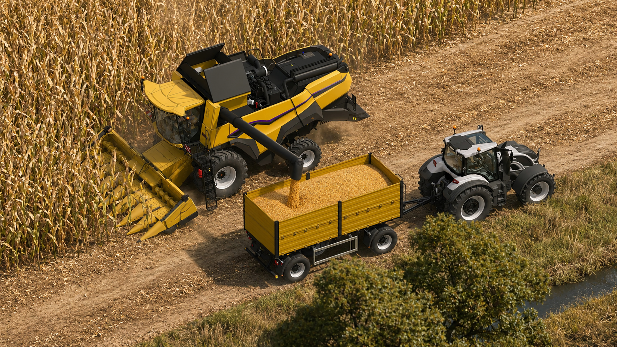 Corn Farm Rig Modern Corn Harvesting Farm Scene with Combine Harvester, Tractor and ...