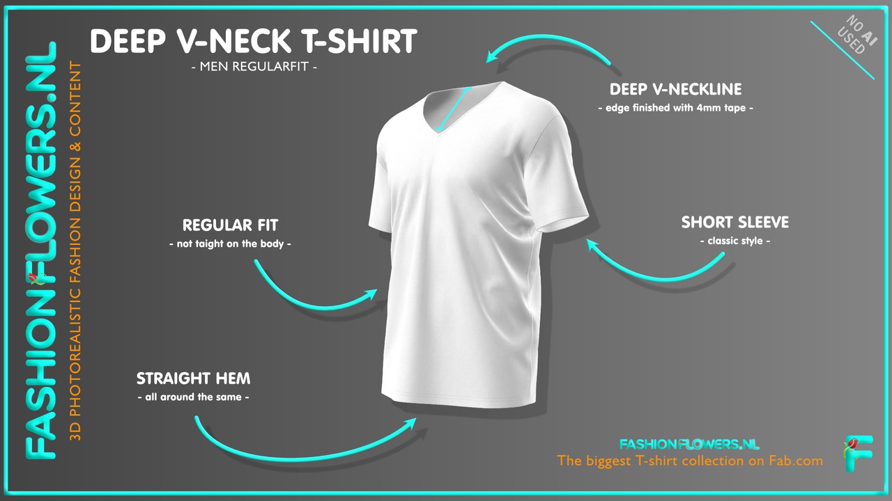 Media 1 for listing White Colour Deep V-neck T-shirt Straight Underside | Short Sleeves | Low V-neck