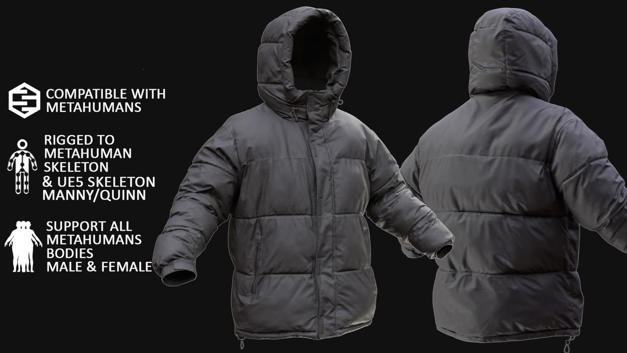 Media 1 for listing Puffer Jacket for MetaHuman, Rigged 3D Model 10 — UE5 Manny & Quinn