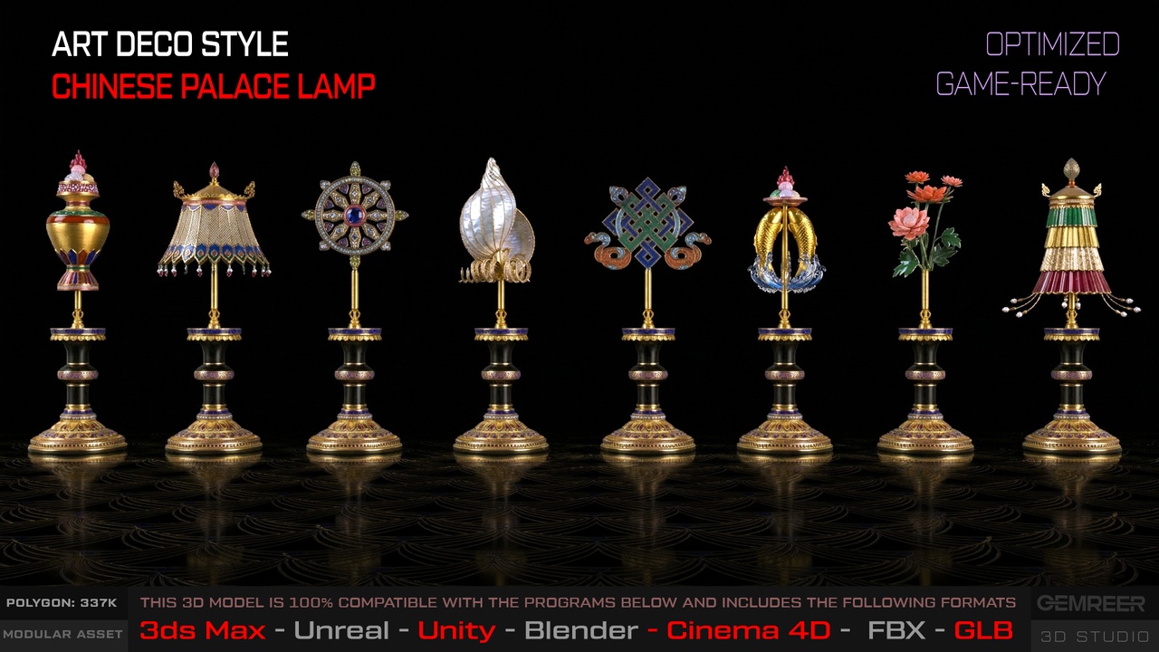 Media 1 for listing Chinese Palace Lamp Pack - Art Deco Style