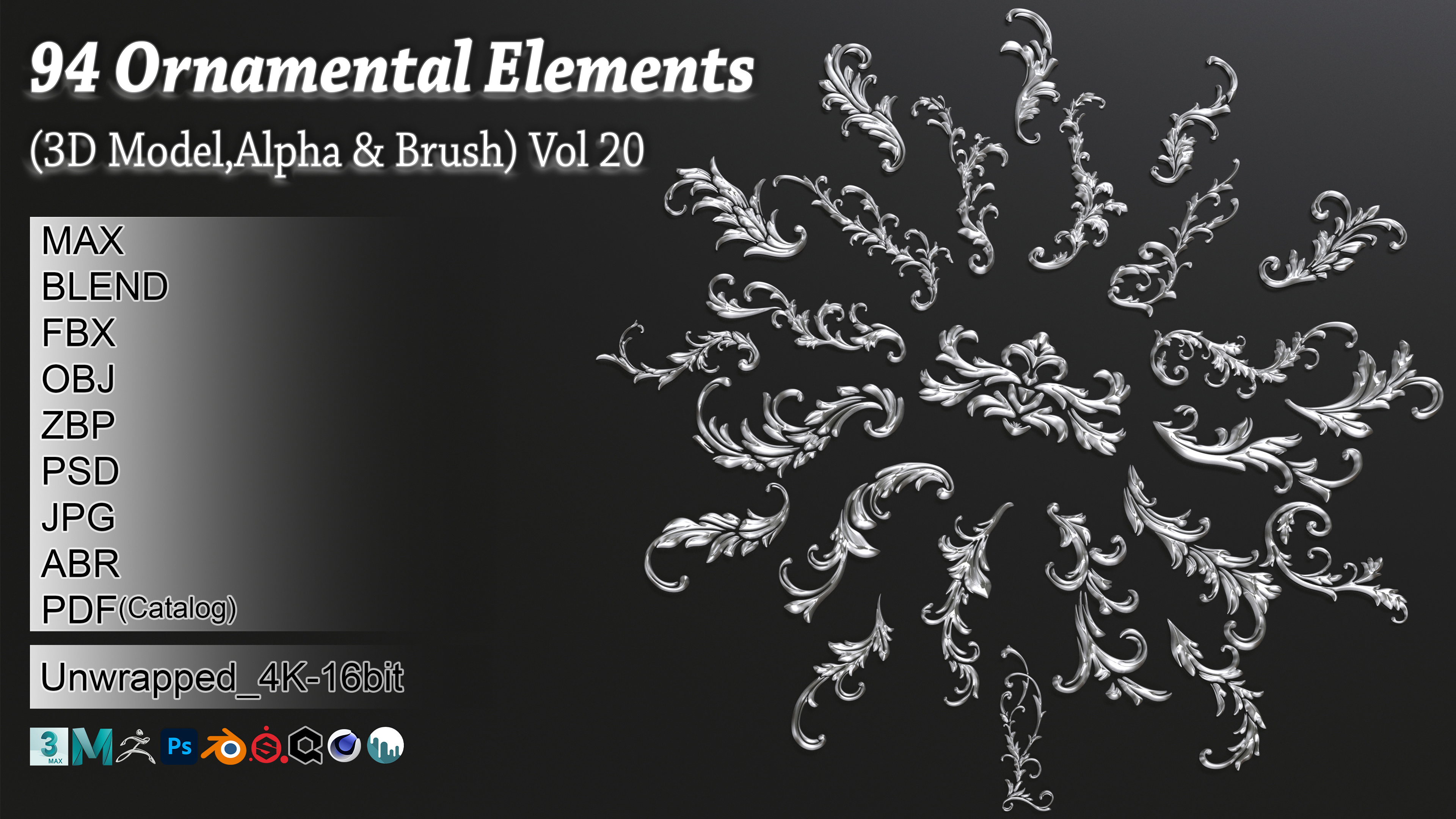 Element Alpha Texture 94 Ornamental Elements Brush + Alpha + 3D Model Vol 20 | Fab