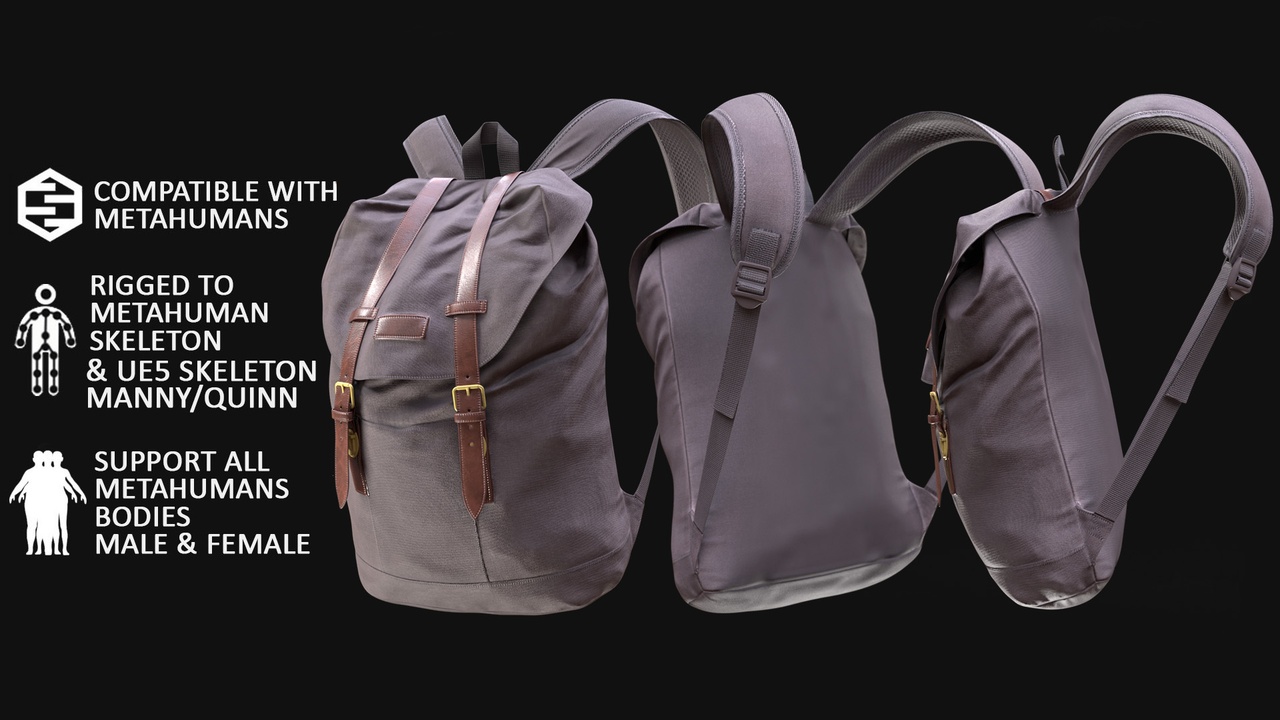 Media 1 for listing Backpack for Metahuman 3D model 56 - MH & UE5 Skeletons - Rigged