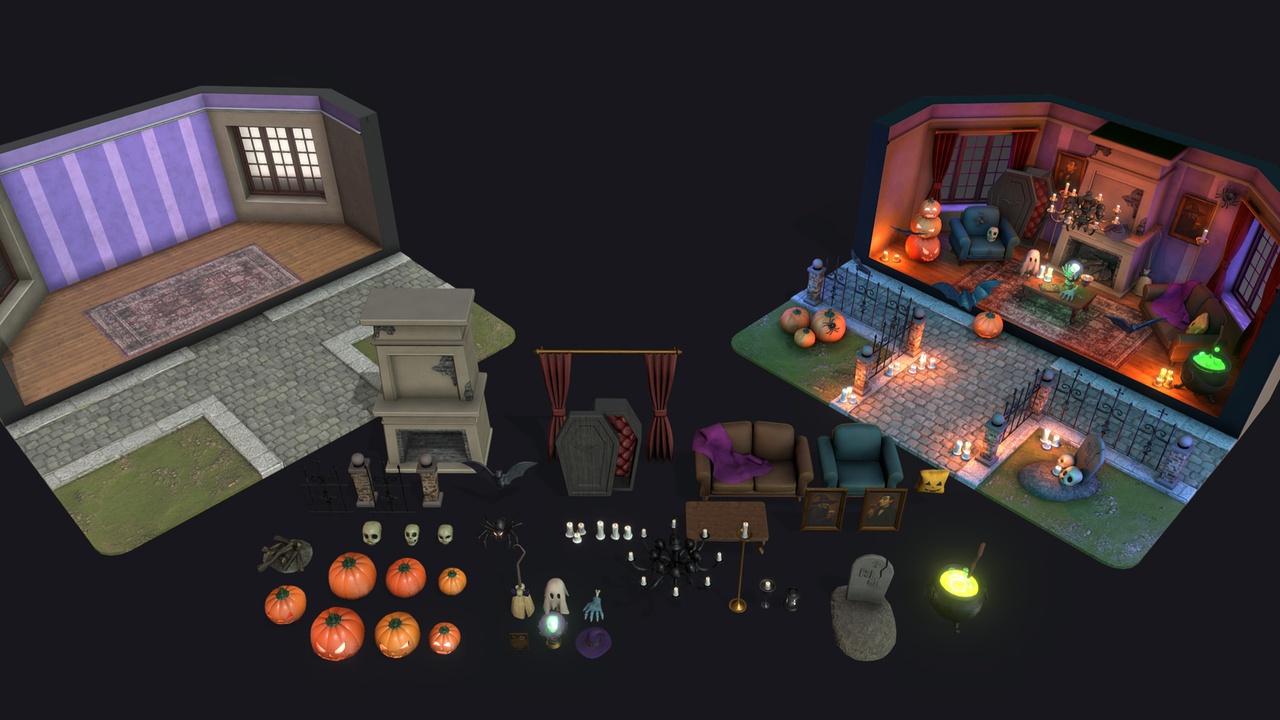 Media 1 for listing Halloween Decoration Pack  : 40+ Lowpoly PBR Assets