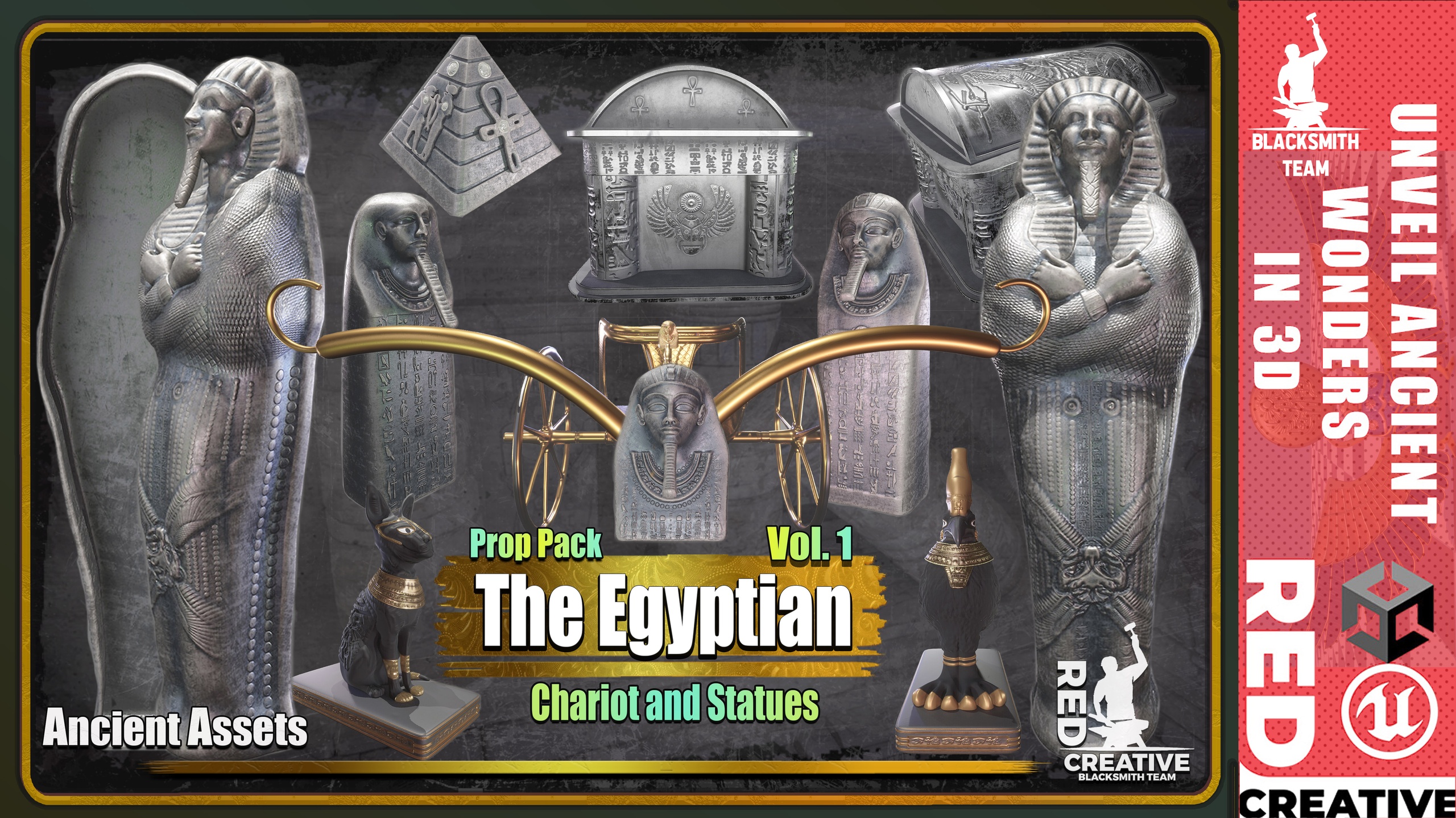 Media 1 for listing Egyptian Chariot and Statues Pack Ancient Assets with Hi-Res Baked Textures