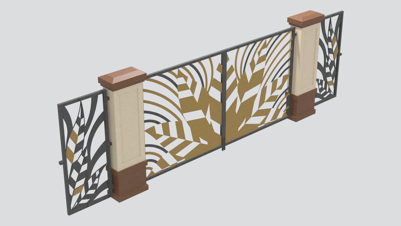 Media 1 for listing Modern Metal Gate with Stone Pillars and Leaf Pattern 3D Model