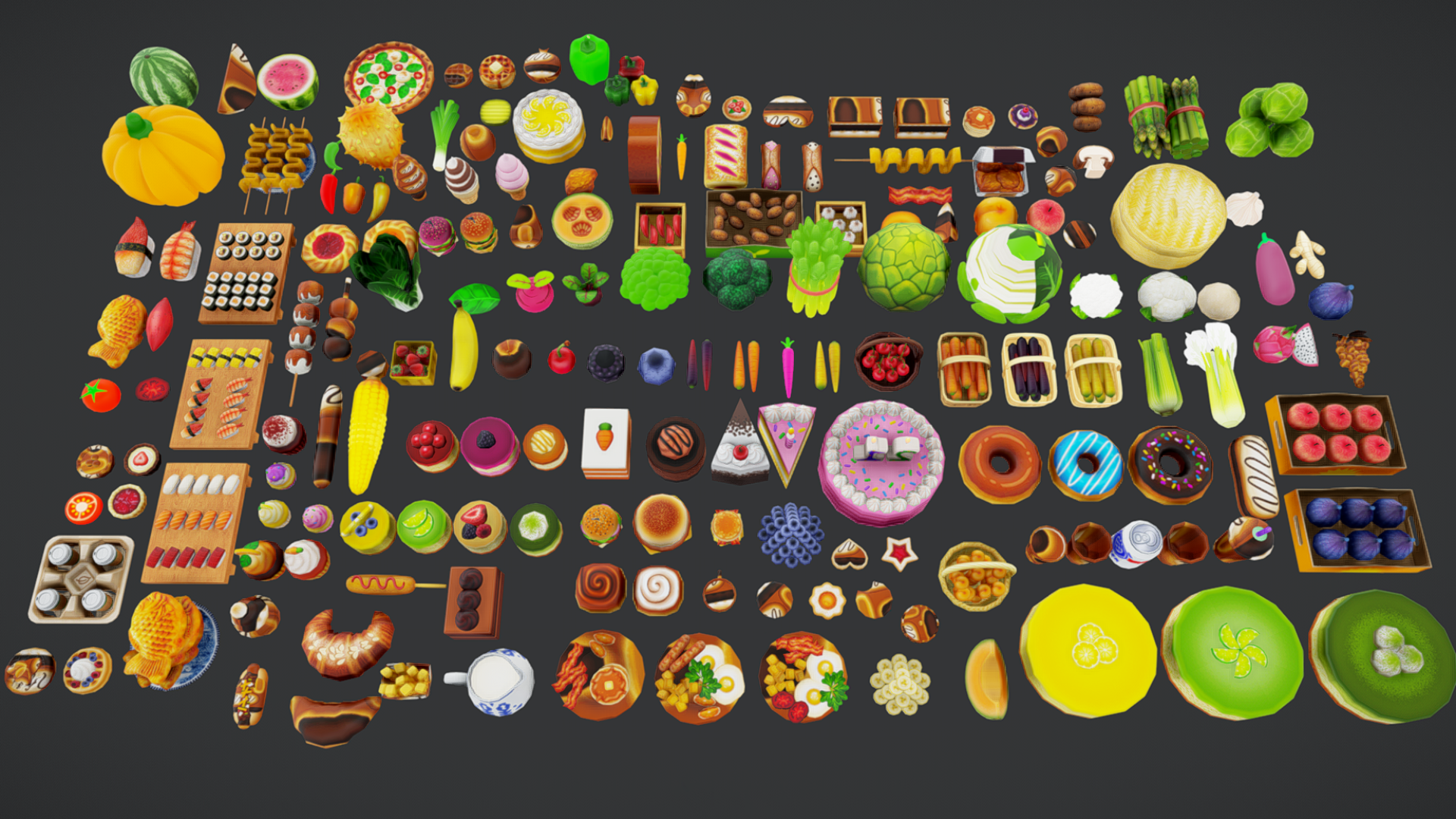 Lowpoly Fruits, Desserts, Baked Goods & Vegetables Pack | Fab