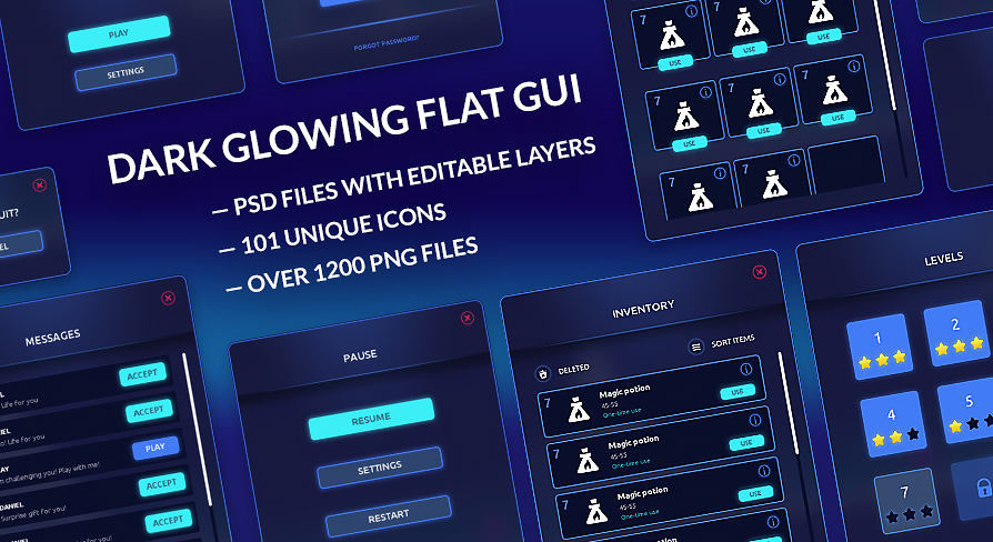 Dark Glowing Flat GUI / UI Kit + PSD / AI source files | Fab