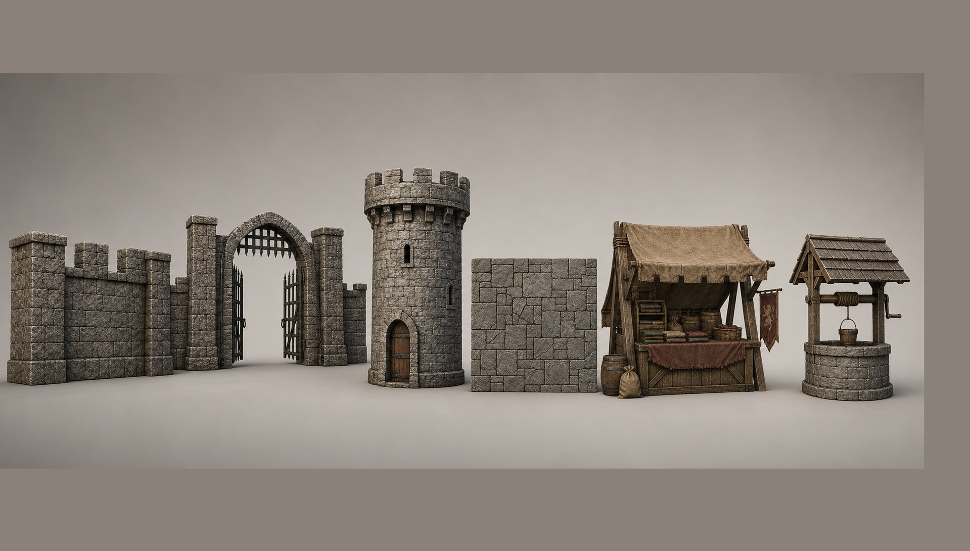 Media 1 for listing Modular Medieval Castle Kit – Towers, Walls, Gate, Well and Market Stall