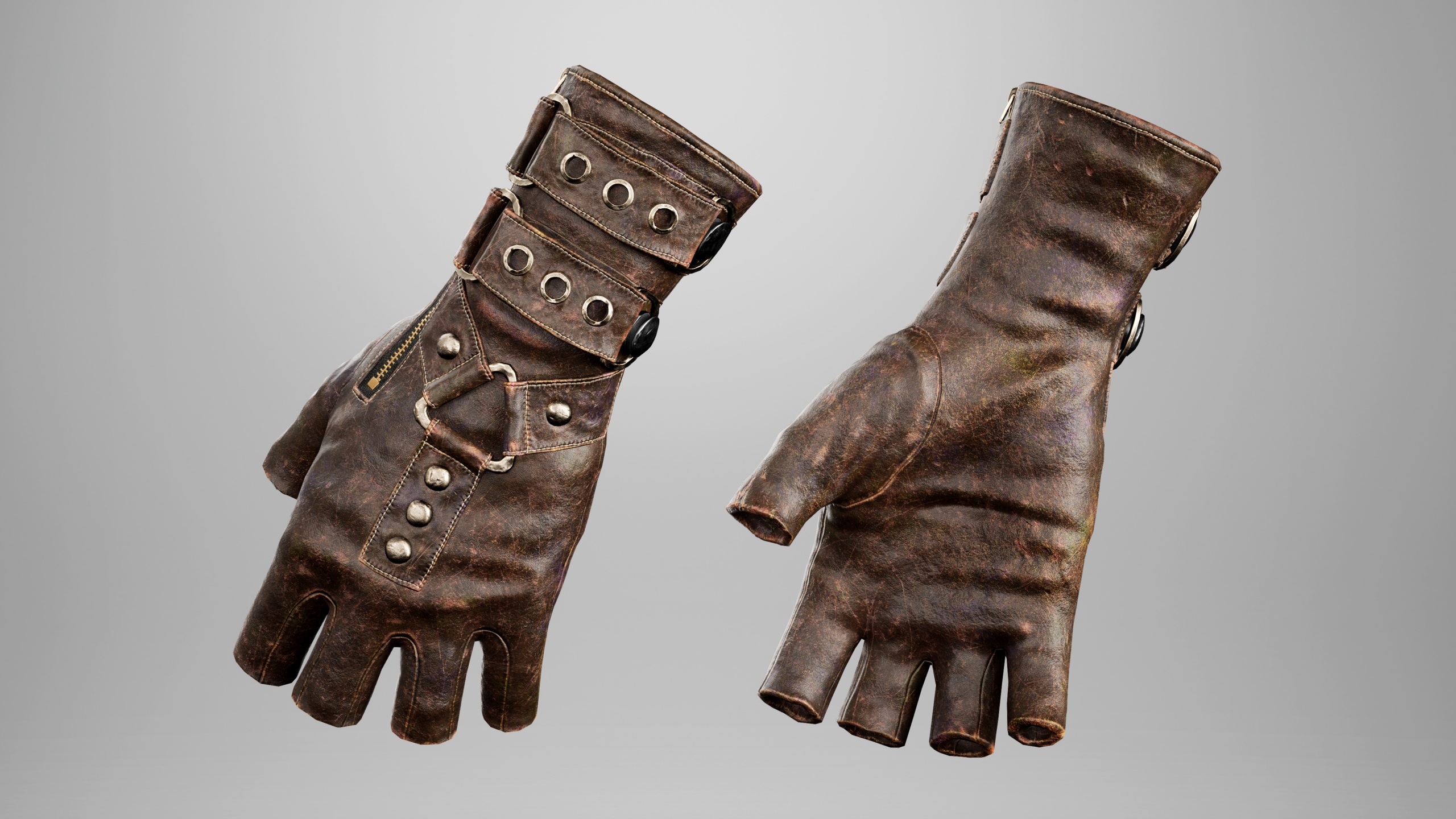 Media 1 for listing Distressed Gothic Fingerless Leather Gloves with Buckle Straps for MetaHuman