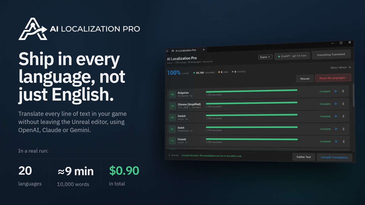 Media 1 for listing AI Localization Pro: Auto-Translate Your Game (Claude, ChatGPT, Gemini)