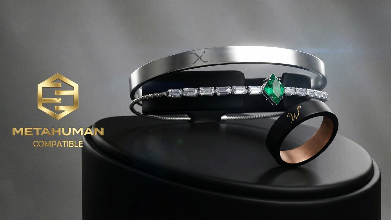 Media 1 for listing Luxury Bracelet Set with Emerald Stone Tennis Chain Cuff and Minimal Ring Accent