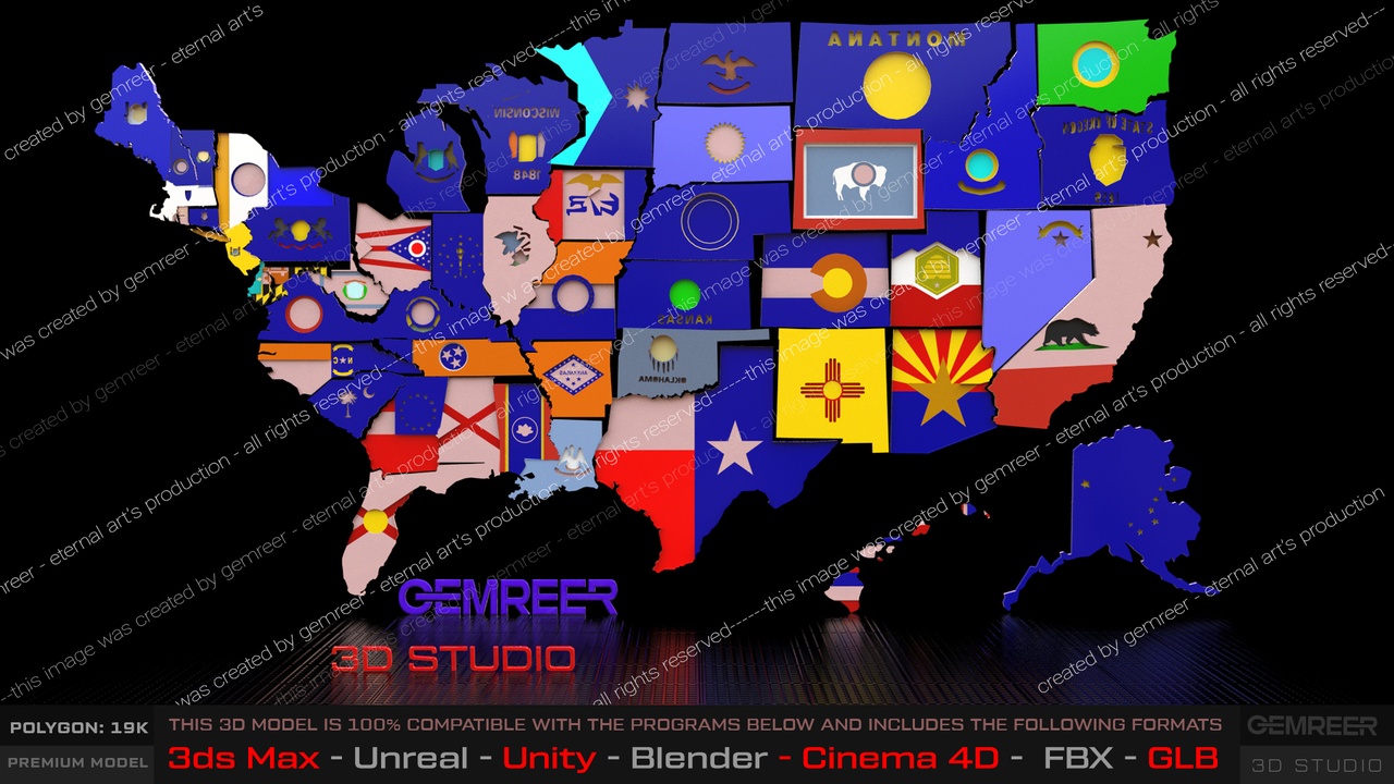 Media 1 for listing USA 3D Map: Separable States & Original Flags