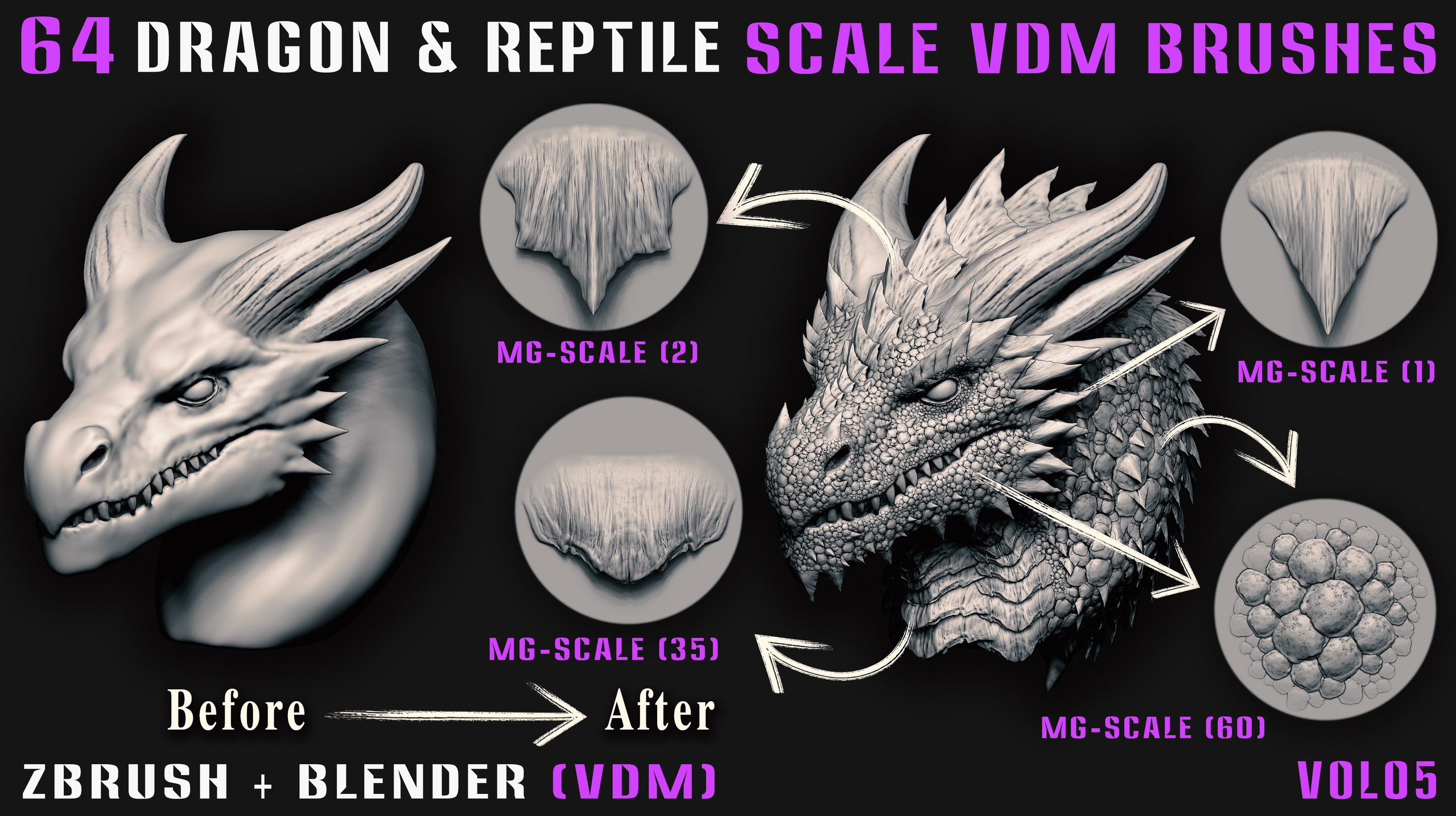 Media 1 for listing 64 Dragon & Reptile Scale VDM Brushes (Zbrush+Blender - Vol05